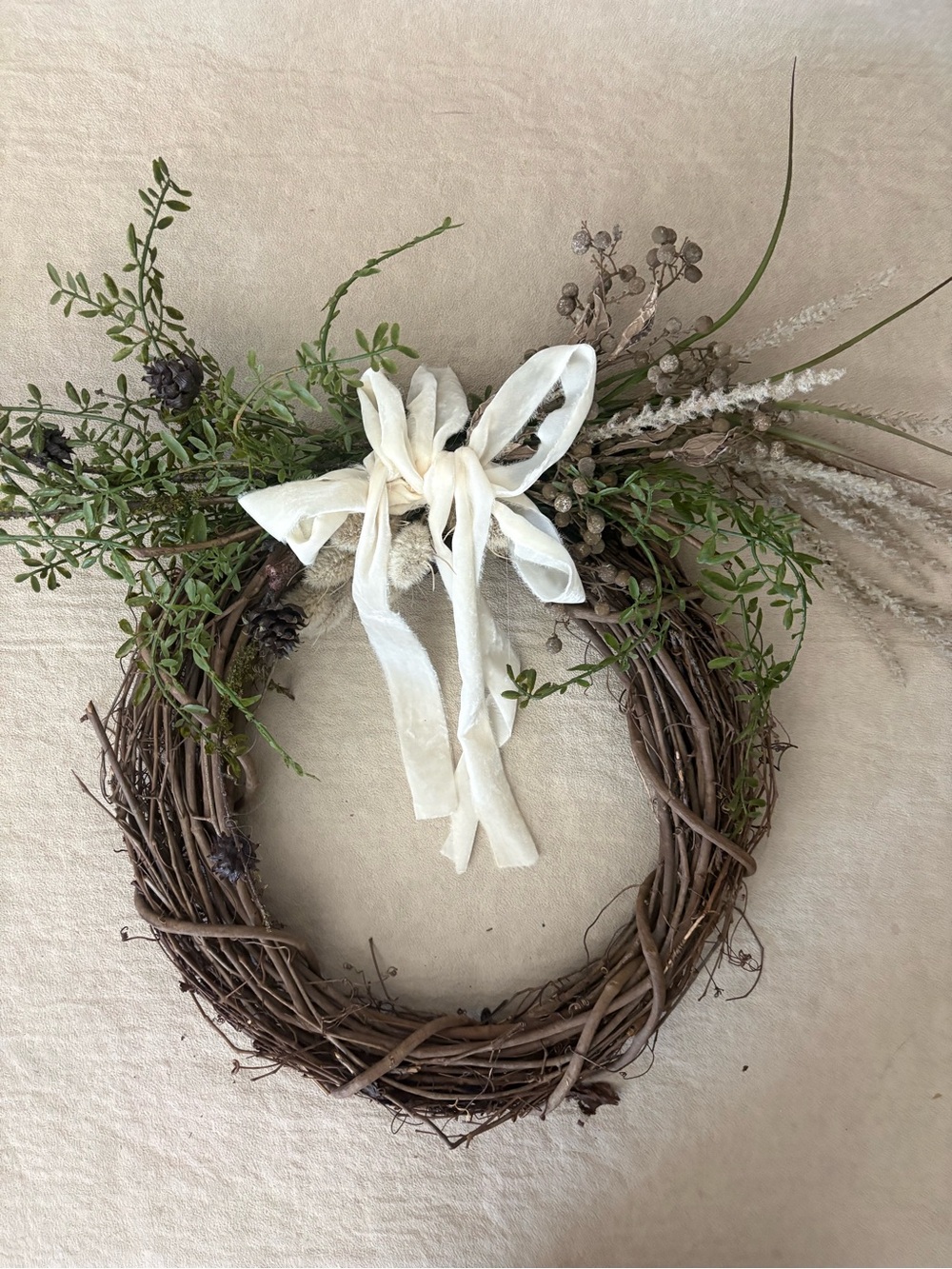Neutral Rustic Grapevine Wreath with Cream Ribbon - Home Holiday